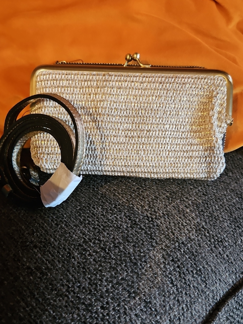 Patricia Nash NWT Compact Raffia And Gold Metallic Leather Clutch Or Crossbody